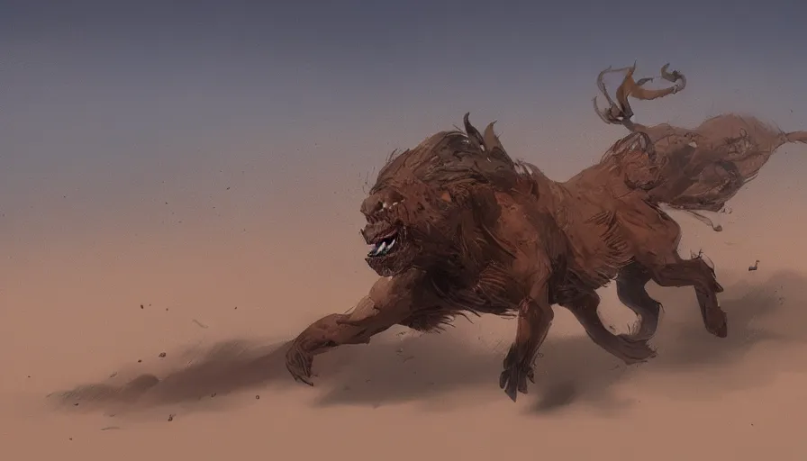 Image similar to concept art of beast running across the open desert, jama jurabaev, trending on artstation, high quality, brush stroke