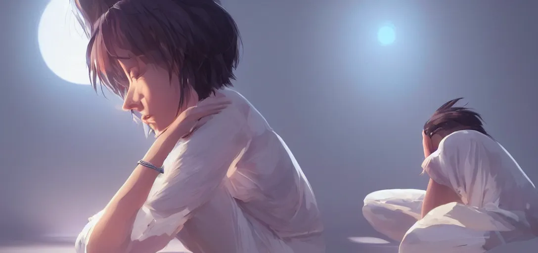 Image similar to Young Himalayan woman sitting concerned in an empty room with loneliness using psychic powers to make a lighter float| night time scene, plain walls |somber white eyes, long ashy hair | gentle lighting, futuristic, dim lighting, digital art by Makoto Shinkai ilya kuvshinov and Wojtek Fus, digital art, concept art,