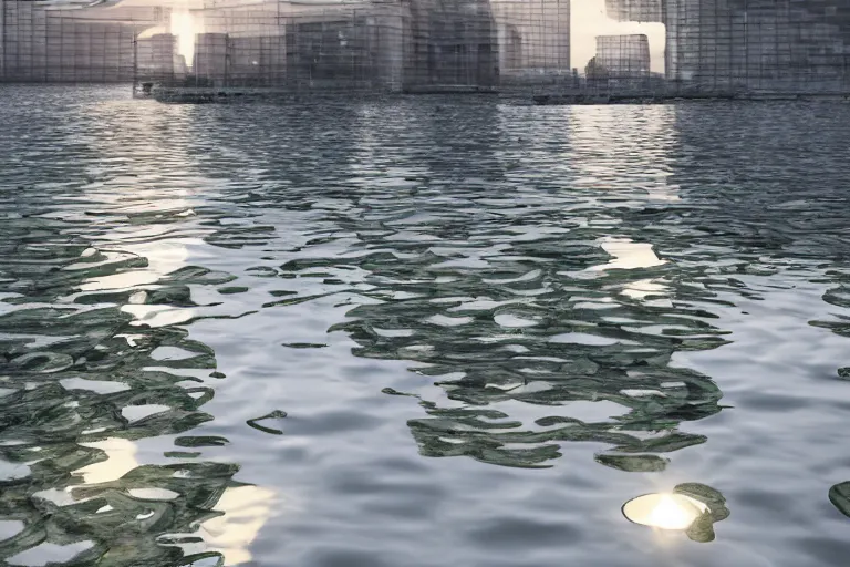 Image similar to white egg shaped bubble buildings of different sizes intersect and combine together. on the calm lake surface, people's perspective, future, interior wood, marble, award winning, highly detailed 4 k art, dusk, unreal engine highly rendered, global illumination, radial light, internal environment by kazuyo sejima