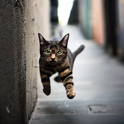 Image similar to police chasing a cat into an alley, high quality