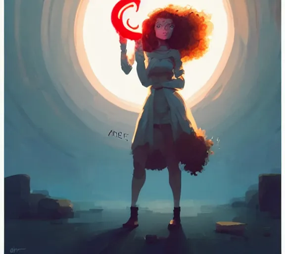Prompt: portrait woman with long ginger curly hair, profane glowing rune, runes, by atey ghailan, by greg rutkowski, by greg tocchini, by james gilleard, by joe fenton, by kaethe butcher, by ashley wood, dynamic lighting, gradient light blue, brown, blonde cream and white color scheme, grunge aesthetic