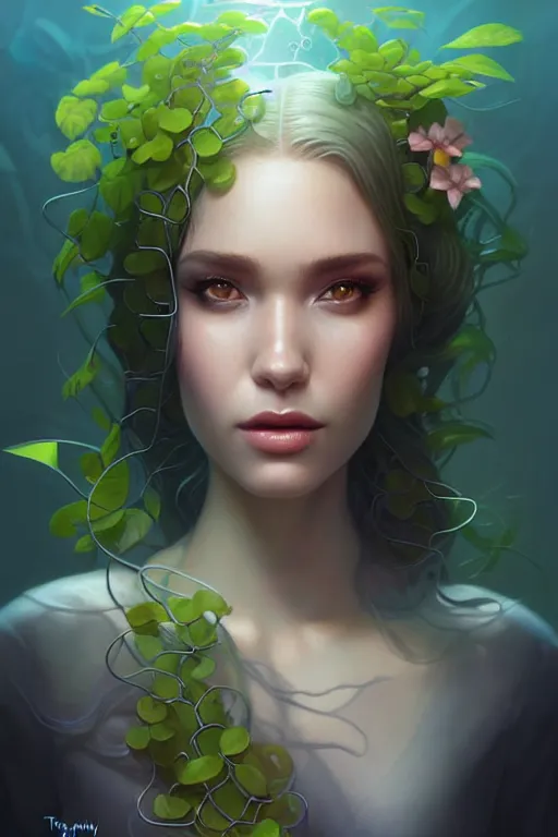 Prompt: tropical plants and vines flowers!! windy murky underwater garden, wearing a glass cloak! with a beautiful symmetrical face!!! cinematic lightning, murky dusty deep, smoky eyes, isolated, studio lighting by artgerm, brom, yuri shwedoff and tom bagshaw