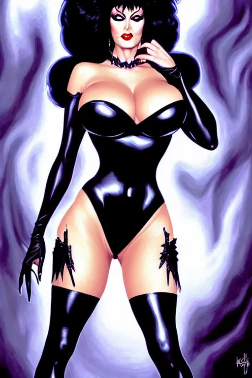 Prompt: a ( beautiful masterpiece highly detailed ) full body portrait illustration of intimate alluring elvira! mistress of the dark by ralph horsely and artgerm and joe jusko, raven black hair, pearlescent white skin. trending on artstation