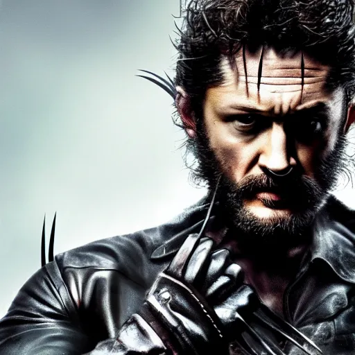 Image similar to Tom Hardy as wolverine in Black Damaged leather suit Digital art 4K quality