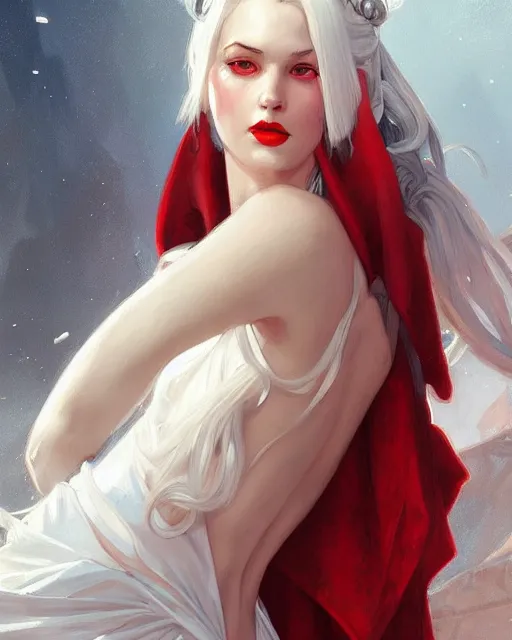 Prompt: tall girl, white hair, white dress, red lips, long hair, deep focus, d & d, fantasy, sophisticated, elegant, high detail, digital painting, artstation, concept art, matte, clear focus, illustration, hearthstone, works by artgerm, greg rutkowski and alphonse mucha