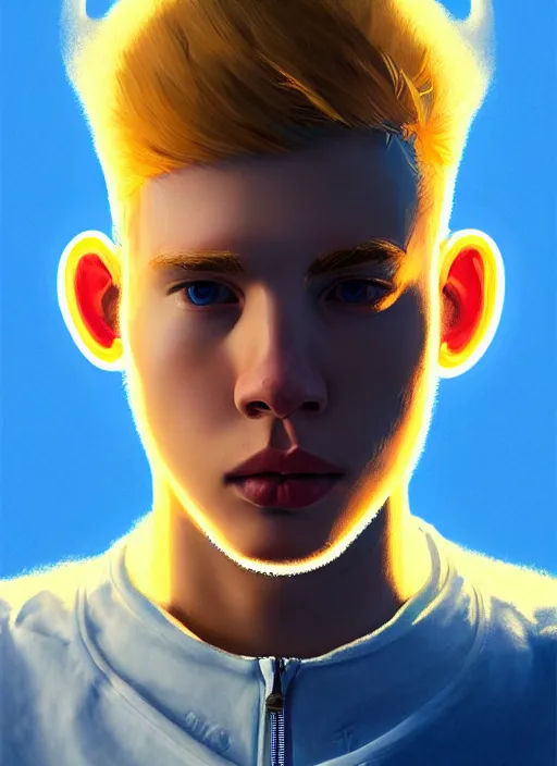 Image similar to portrait of high school senior boy named big moose, blonde short hair, jock, beefy, wide face, square jaw, square facial structure, blue varsity jacket with his name, intricate, elegant, glowing lights, highly detailed, digital painting, artstation, concept art, sharp focus, illustration, art by wlop, mars ravelo and greg rutkowski