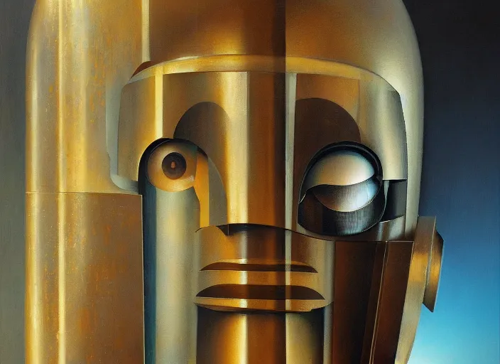 Image similar to a portrait headshot of sci fi metallic human, bright eyes, melancholic complex geometric figure liminal machinery by oskar schlemmer, moebius, john berkey, film grain, oil on canvas, portrait facial head, featured on artstation, hd wallpaper, 8 k