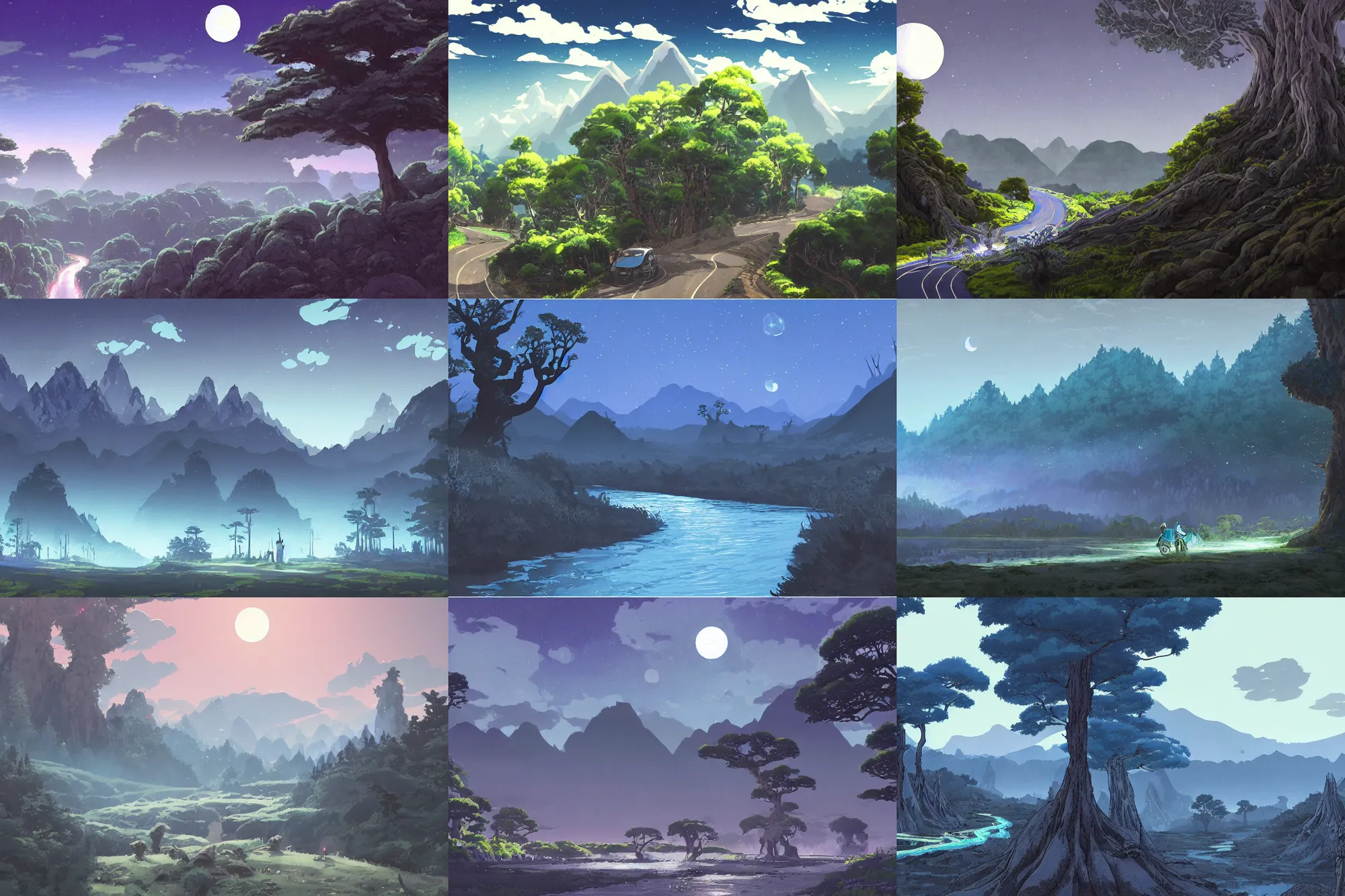 Prompt: a fantasy landscape mountains in the background, a blue glowing river meandering from right to left, next to it gigantic ancient trees, a road passing through them, metallic insects with big wheels on the road, a dark nightsky, big silver moon painted by hayao miyazaki, studio ghibli, atey ghailan, detailled, gouache, artstation