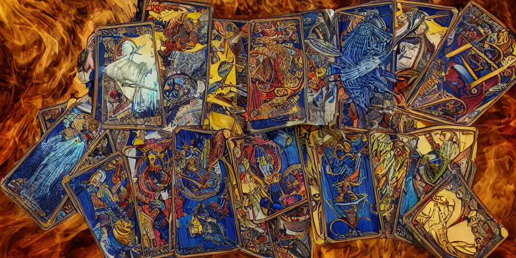 Image similar to man with flying tarot cards, cards, fantasy, digital art, highly detailed, 8 k