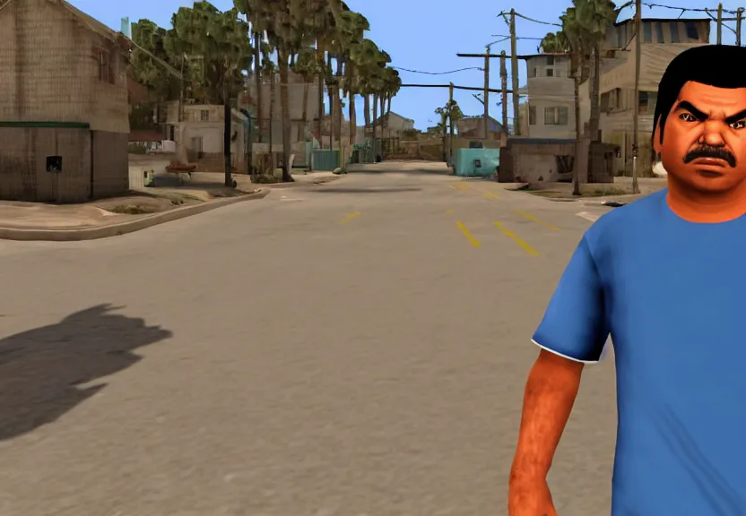 Prompt: A screenshot of George Lopez in GTA San Andreas.