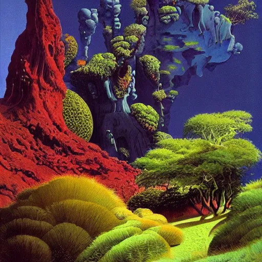 Image similar to painting of a lush natural scene on an alien planet by roger dean. beautiful landscape. weird vegetation. cliffs and water.