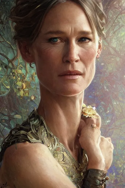 Prompt: Robin Wright portrait, fantasy, elegant, intricate, by Stanley Artgerm Lau, greg rutkowski, thomas kindkade, alphonse mucha, loish, norman Rockwell