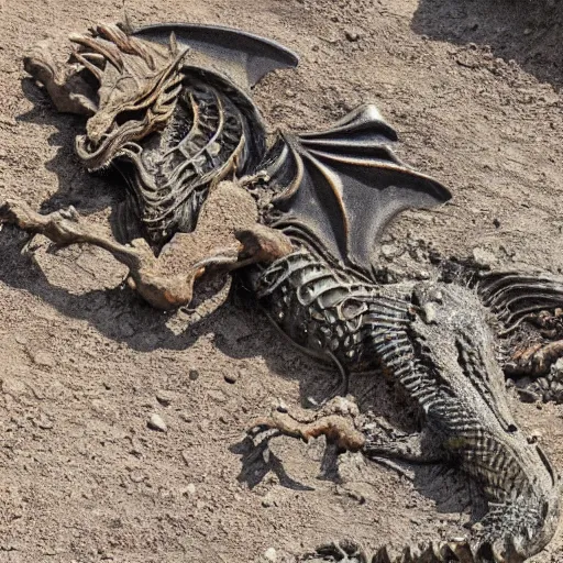 Prompt: fossilized remains of a dragon found during mining operation