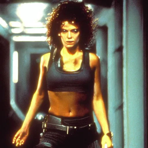 Prompt: film still of Mila Jovavich as Ripley from Aliens 1986