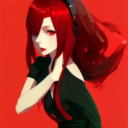 Image similar to elegent girl with red hair and green eyes, wearing a camisole, red and black color palette, in the style of and ilya kuvshinov and greg rutkowski, high quality anime artstyle, intricate