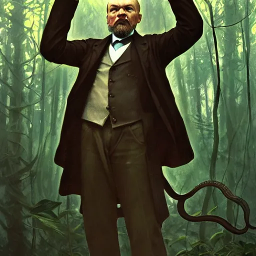 Image similar to photo of vladimir lenin is an octopus in the forest, highly detailed, digital painting, artstation, smooth, sharp focus, illustration, art by artgerm and greg rutkowski and alphonse mucha