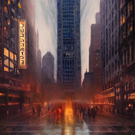 Prompt: muted color ultra realistic painting of 1 9 2 5 boston downtown at night in doctor strange's mirror dimension, dark, brooding, night, atmospheric, horror, cosmic, ultra - realistic, smooth, highly detailed in the style of clyde caldwell