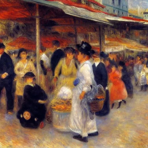 Prompt: Painting of a street market, portugal, by Renoir, Jean Béraud, busy, movement, impressionist, early morning, somber colours