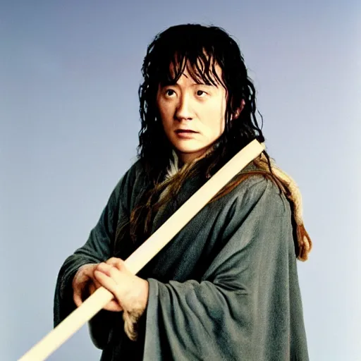 Prompt: a still from “ lord of the rings ” of a head and shoulders portrait of fei lung as a wizard with a wooden staff, betty, photo by phil noto