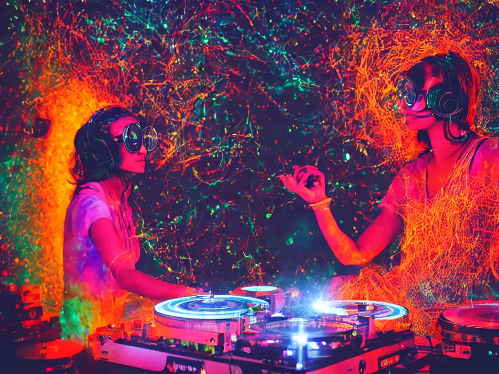 Prompt: an indian woman wearing goggles and visor and headphones using a retro record player contraption, hologram, turntablism dj scratching, screens, smoky atmosphere, intricate planetary gears, cinematic, imax, sharp focus, leds, bokeh, iridescent, black light, fog machine, hazy, lasers, hyper color digital art