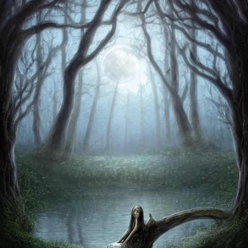 Image similar to highly realistic scenic painting of a towering misty dark fantasy forest surrounding a pond, a rusalka sits on the roots of an ancient tree looking up at the moon, spooky fog, looming trees, beautiful fantasy painting hd