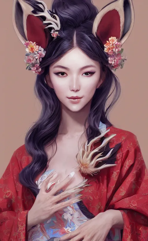 Prompt: An beautiful digital painting of a woman with fox ears and nine tails wearing a kimono, by Stanley Artgerm Lau, WLOP, Rossdraws, James Jean, Andrei Riabovitchev, Marc Simonetti, and Sakimichan, tranding on artstation