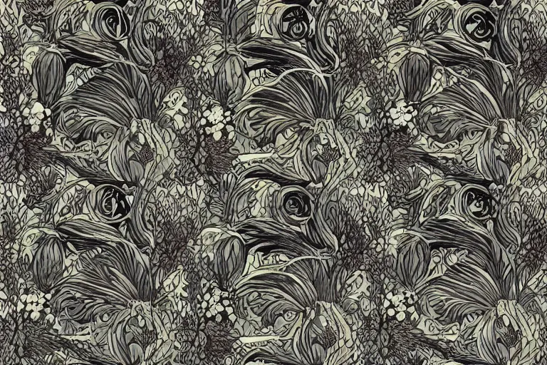 Image similar to elegant pattern of surreal, organisms, flowers isolated in a black background : : art nouveau, by rafał olbinski