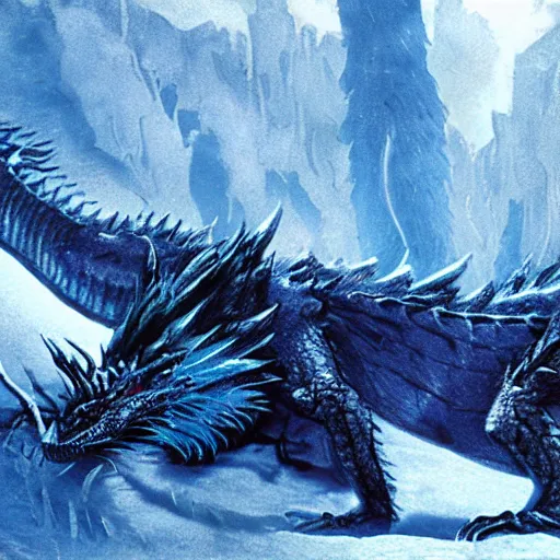 Prompt: dead blue dragon, in the snow, ethereal, matte painting, still from the movie, high fantasy,