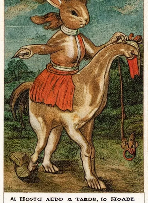 Image similar to a trading card from the 1 6 0 0 s with a horse born with the head of a rabbit and the body of a rabbit