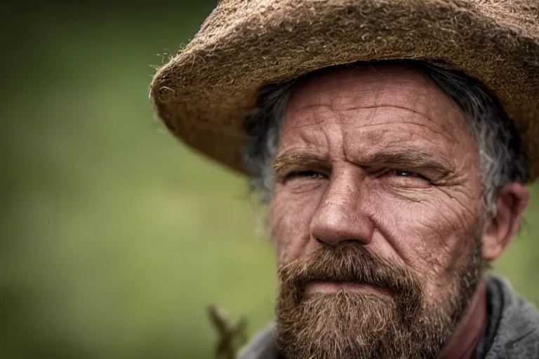 Image similar to a headshot portrait of a farmer, stood outside a wooden cabin, ultra realistic, dramatic lighting