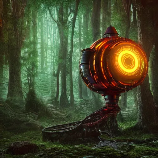 Image similar to hdr flambient cinematic ultradetailed 3d octane render of a strange sci-fi fantasy magical industrial alien technology time travel device in a dreamlike forest