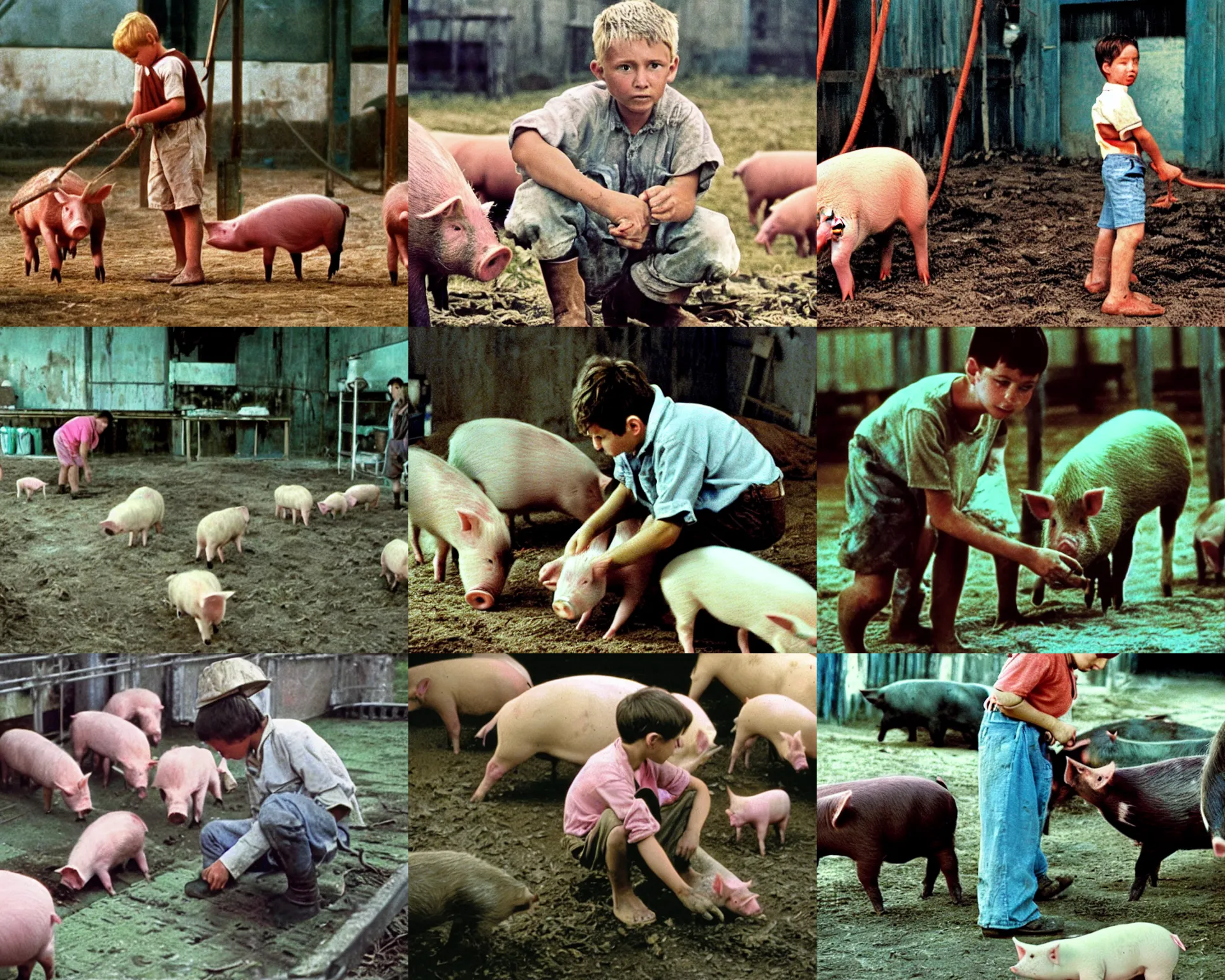 Prompt: color film still, a boy tending to pigs in a piggery. ; babe ( 1 9 9 5 )