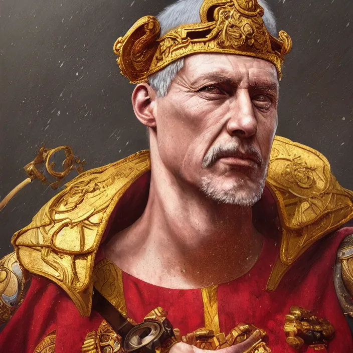 Image similar to excellent painted portrait of the last emperor of rome the ancient caesar invictus, high quality masterpiece painting with detailed face, 4k, trending on artstation, octane render, art by artgerm and greg rutkowski and alphonse mucha and craig mullins and James Jean and Andrei Riabovitchev and Marc Simonetti and peter mohrbacher