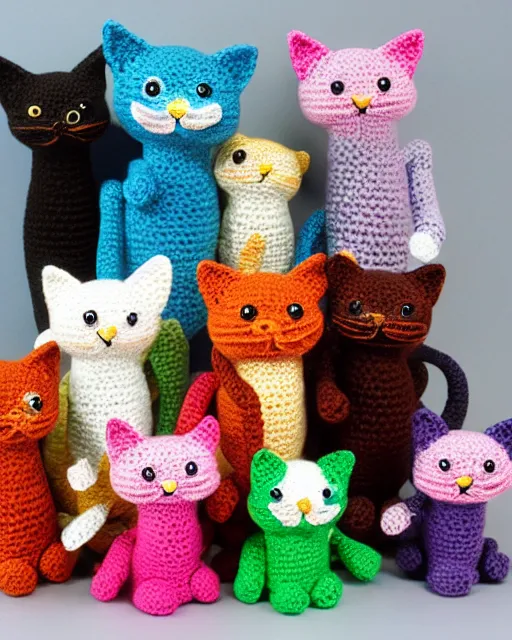 Image similar to multicolored crocheted cats, catalogue photo,