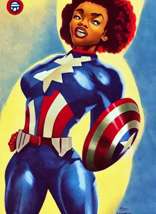 Image similar to beautiful black female captain america. afro - feminist captain america wins wwii. american wwii propaganda poster by james gurney, rob liefeld and pixar. gorgeous face. overwatch, realistic. black power