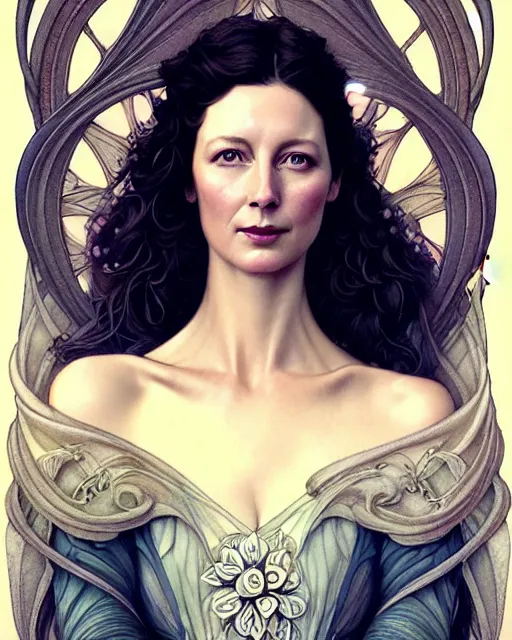 Image similar to beautiful and playful ethereal caitriona balfe ( outlander ) portrait, art nouveau, fantasy, intricate flower designs, elegant, highly detailed, sharp focus, art by artgerm and greg rutkowski and wlop