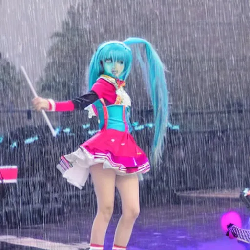 Prompt: Hatsune Miku performing while raining at plaza de bolivar in armenia quindio