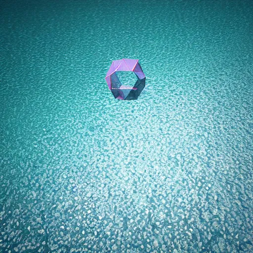 Image similar to geometric 3 d objects above ocean, sea line, vray render