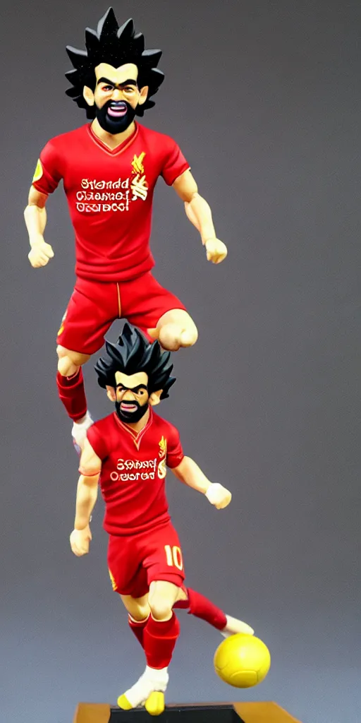 Prompt: a plastic figurine of mo salah going super saiyan, in red sports jersey, 8 k