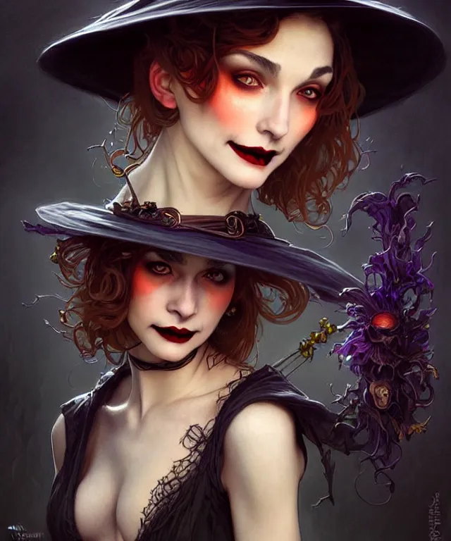 Image similar to halloween witch woman in a hat smiles, fantasy magic, undercut hairstyle, dark light night, intricate, elegant, sharp focus, illustration, highly detailed, digital painting, concept art, matte, art by wlop and artgerm and greg rutkowski and alphonse mucha, masterpiece