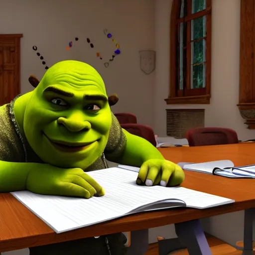Prompt: Shrek sitting down taking a GCSE exam, school hall, secondary school, single seat desk, full hall, photorealistic, 4k