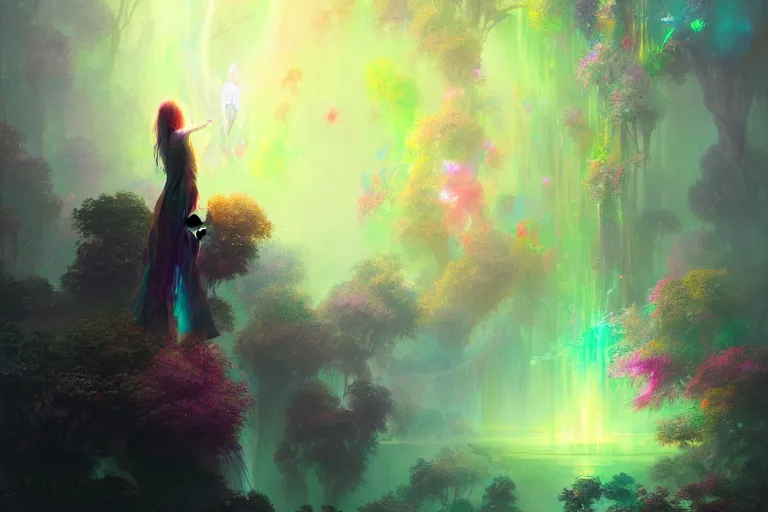 Image similar to a psychedelic realm hidden away in a pocket of ethereal understanding, astral beings sharing love greg rutkowski wlop lisa frank bob ross, ruan jia, illustration