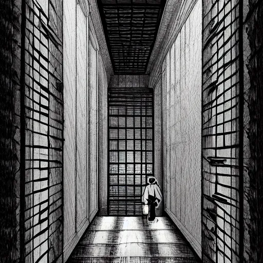 Image similar to a terrifying dark hallway with many doors and many stairs, impending doom, horror, Mc Escher architecture, epic composition, anime key visual