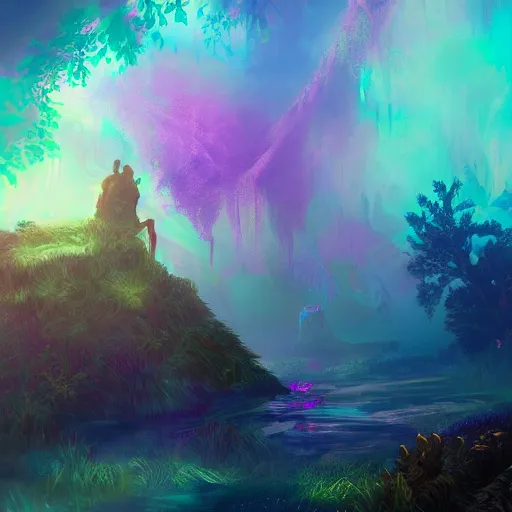 Image similar to landscape of Aloy with pistol swimming in chromatic SPIRITS in misty mysterious astral temple, beautiful, dmt, trending on artstation, omnious, soft, artwork by Wong, Liam