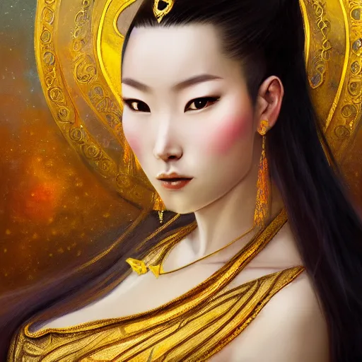 Image similar to beautiful realistic portrait of a gorgeous mongolian princess in a sensual pose covered with golden ornate armor, centered face, with full makeup, atmospheric lighting, intricate, volumetric lighting, beautiful, sharp focus, ultra detailed, in the art style of bowater, charlie, brom, gerald, lake baikal in the background, astrophotography