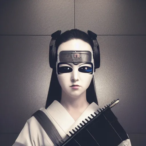 Image similar to a hyper realistic futuristic, minimal, stunningly cyborg tradition geisha photograph, covering face with a intricate sci - fi fan, in a dark futuristic room, metal gear solid, dark moody backlighting, ray tracing, octane render,