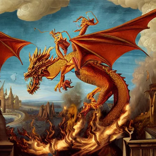 Prompt: dragon breathing fire, renaissance oil painting, 8 k, highly ornate intricate details, extreme detail,