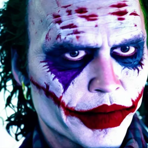 Image similar to awe inspiring Johnny Depp playing The Joker 8k hdr movie still dynamic lighting