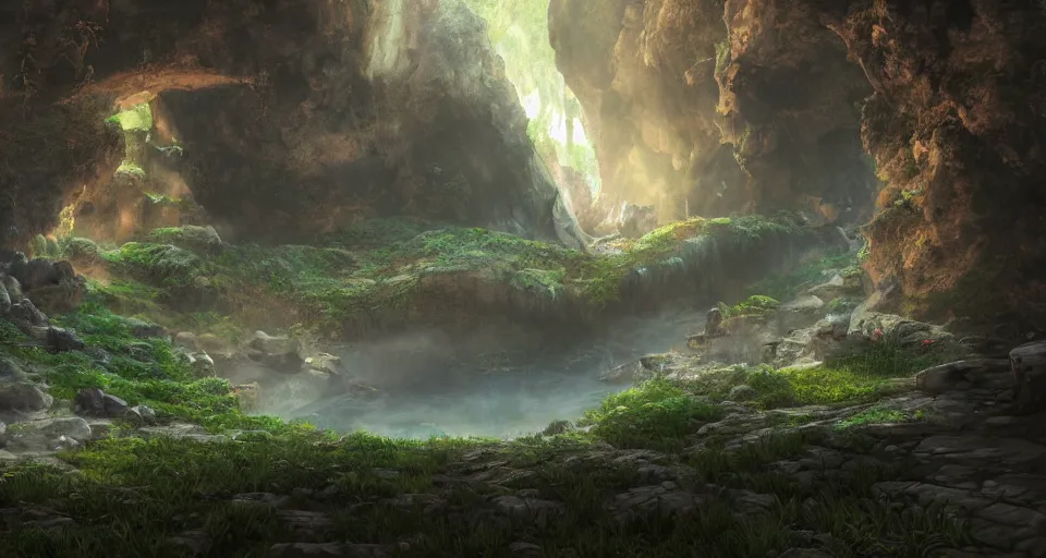 Image similar to An epic fantasy anime style landscape painting of a Neanderthal cave, unreal 5, DAZ, hyperrealistic, octane render, dynamic lighting