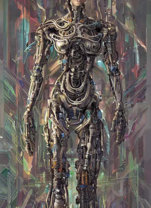 Prompt: a hyper - detailed fine painting of a synthetic humanoid cyborg hybrid half cybernetic and half made of plants and wood, concept art magical highlight, full color tribal and technologic art, variations and fulcolor futuristic